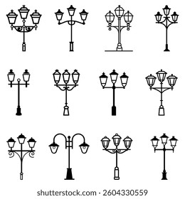 Old Multiple light street lamp black outline icon background design