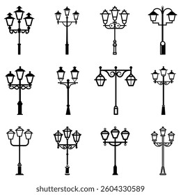 Old Multiple light street lamp black outline icon background design