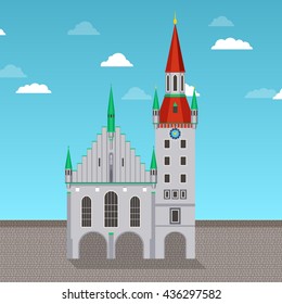 Old Munich town hall - vector flat style illustration. Altes Rathaus building landmark of Bavaria, Germany