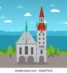 Old Munich town hall - vector flat style illustration. Altes Rathaus building landmark of Bavaria, Germany