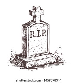 Old murble stone tombstone with christian cross and title R.I.P. Rest in peace vector drawing illustration for funeral service, card or last farewell card. Sketch grave or cemetery, resting place