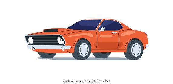 Old muscle car in retro style. Vintage American auto of 70s. Classy oldschool 1970s automobile, road automotive transport model. Flat vector illustration isolated on white background