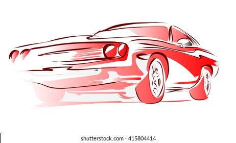 Old Muscle Car, Vector Outline Colored Sketch, Hand Drawn Illustration