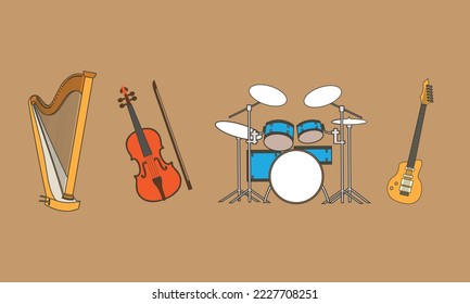 Old Music instruments collection of vector art