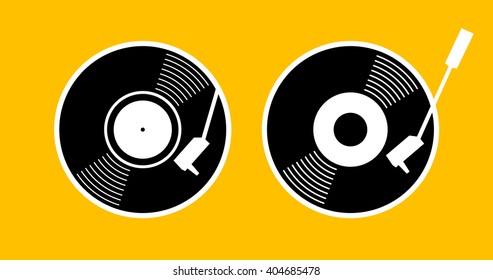 Old Music Long Play Record - Flat Symbol. Vinyl Turn Table Icon App. Black Gramophone Web Sign - Simple Silhouette Graphic Design. Vector Art Image Illustration, Isolated On Yellow Background Eps10