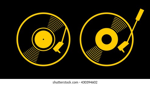 Old Music Long Play Record - Flat Symbol. Vinyl Turn Table Icon App. Yellow Gramophone Web Sign - Simple Silhouette Graphic Design. Vector Art Image Illustration, Isolated On Black Background Eps10