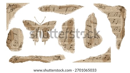 Old music paper with song notes for piano. Torn sheet in shape of butterfly and corner