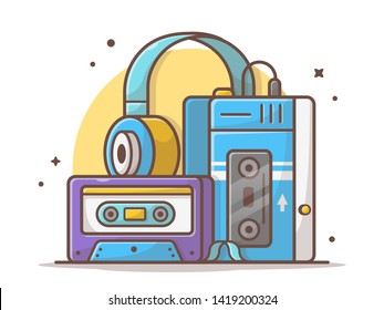 Old Music Player with Cassette and Headphone Music Vector Illustration. Retro and Vintage Player. Flat Cartoon Style Suitable for Web Landing Page,  Banner, Flyer, Sticker, Wallpaper, Card, Background