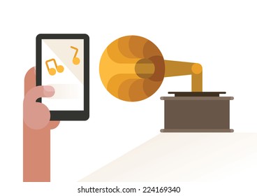 Old Music Player And Digital Mobile Music Player App By Business Hand Concept