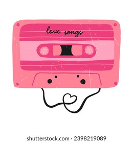 Old music tape with love songs, hand drawn cartoon flat vector illustration with grunge texture, isolated on white. Retro vintage audio cassette. Concepts of love and Valentines day.