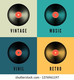 Old music vinyl record set in retro colors. Album covers template. Vector illustration