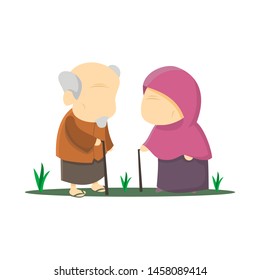 Old Muslim Couple. Grandfather And Grand Mother Old Husband And Wife Vector Illustration. Islamic Couple Picture.