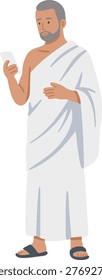 Old Muslim Man Ihram Using Smartphone