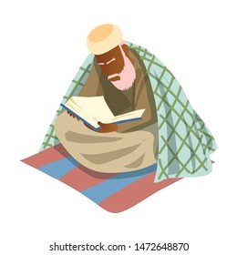 Old muslim white bearded man reading saint koran