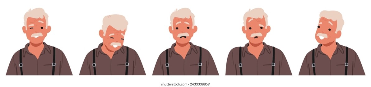 Old Mustached Man Face Emotions. Wrinkled Senior Male Character Wink Eye, Feels Joy, Shy, Confusion or Sadness, And Smile. Grandfather Facial Expression Portraits. Cartoon People Vector Illustration