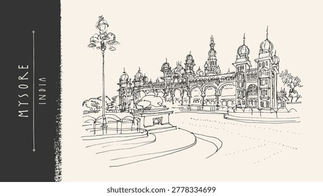 Old Mysore, Karnataka, India crayon sketch. Dussehra (Dasara) celebration place. Palace exterior, classical Indo-Saracenic design. Retro festival postcard. Vintage Royal heritage architectural drawing