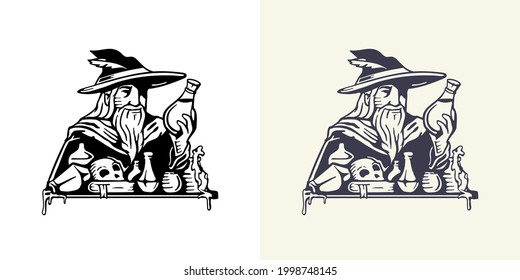 Old mysterious wizard in a hat with an elixir in his hand. An alchemist at his table with ingredients, books and potions. Hand-drawn vector fantasy illustration in retro style.