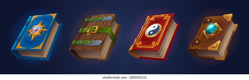 Old mystic books of magic spells, astrology and alchemy. Ancient witchcraft literature, antique grimoires and books with wooden and gold cover, vector cartoon illustration