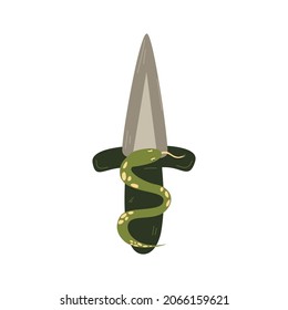 An old mystical dagger entwined with a snake. Mystical object of magical rituals. Vector illustration in flat hand drawn cartoon style.