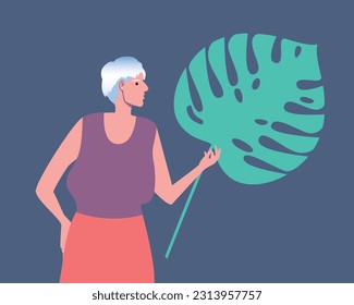 Old natural woman isolated with tropical leaf as symbol of femininity, flat vector stock illustration