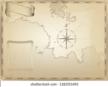 old nautical chart on yellowed paper. twisted ribbon and rope frame for your text. the image of the compass