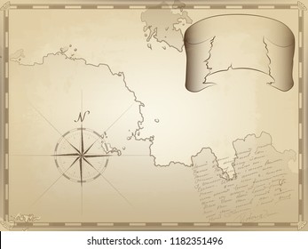old nautical chart on yellowed paper. a twisted ribbon for your text. the image of the compass and unreadable notes by hand