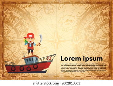 Old nautical map template with classic fishing boat and Pirate kids poster vector