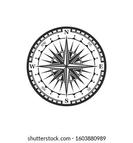 Old navigation compass heraldic icon. Vector Winds Rose symbol of nautical compass of marine and seafarer journey, ship sail navigator with direction arrow pointers to East, West or North and South