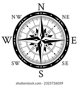 Old navigational compass ancient cartography direction Earth exploration rose wind vector illustration. Nautical marine monochrome geography degree measurement with west north east and south