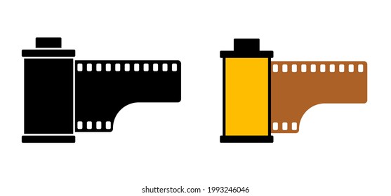 Old negative, dia 35 mm Film roll and film strip. flat vector photo spool or picture, image photography pictogram. Filmstrip icon. Cassette or container with photographic film. Aperture concept.