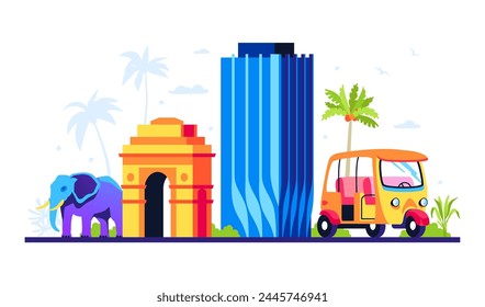 Antigua y nueva arquitectura de la India - Ilustración vectorial de colores con puerta de entrada en la Nueva Delhi, rascacielos, coche de taxi tuk-tuk, palmera y elefante. Vacaciones de verano en el país asiático y la idea de turismo