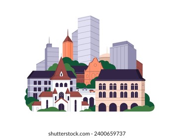 Old and new architecture. Modern, historical city buildings. High and low urban constructions. Skyscrapers behind church, low structures. Flat graphic vector illustration isolated on white background