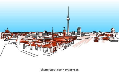 Old and New Berlin, Nikolaiviertel in Foreground and Fernsehturm in Background, colored Vector Version