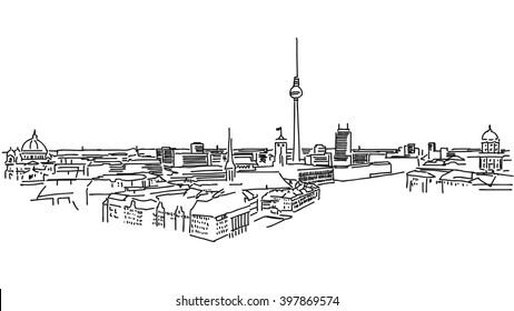 Old and New Berlin, Nikolaiviertel in Foreground and Fernsehturm in Background, black and white Vector Version