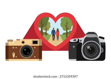 Viejas y nuevas cámaras que capturan la historia de amor. Marco en forma de corazón con pareja. Fotografía, recuerdos y romance.