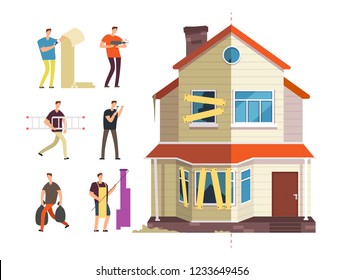 Old and new home. Renovation of house with repairer people. Building maintenance service isolated vector concept