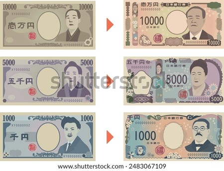 Old and new Japanese banknotes

In Japanese, it says 