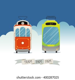 Old and new tram on clouds background poster with text on ribbon 