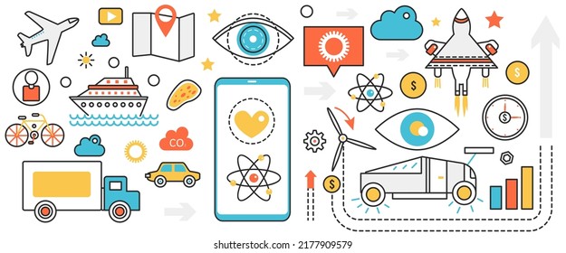 Old And New Transport Technology. Abstract Air Pollution From Plane, Cars And Trucks, Rocket Launch And Eco Bicycle, Delivery And Transportation In Infographic Concept Banner, Thin Line Art Design