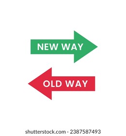 Old and New Way Arrows in Opposite Directions. Red and green arrows on white background