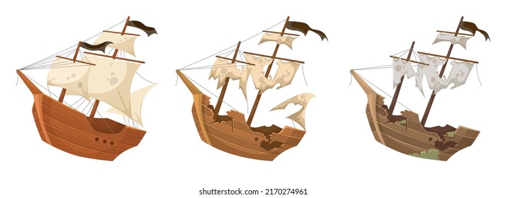 Old and new wooden pirate ships vector illustrations set. Broken boats with sails, shipwreck isolated on white background. Toys, sea adventure or journey concept