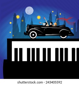 old new york background, piano and car