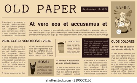 Old news paper page template. News articles newsprint magazine old design. Newspaper pages with vector illustrations. Paper retro journal. Vintage style.