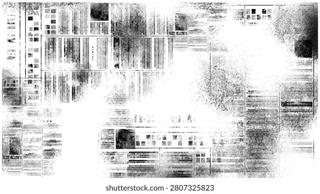 Old newspaper background with authentic newsprint pattern. Vector realistic illustration of grunge paper with retro typography texture, dirty newsletter backdrop with faded font letters and ink stains