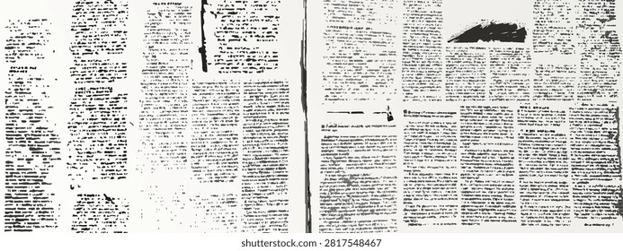Old newspaper collage background with illegible text and vintage newsprint texture. Grunge paper pattern with retro magazine clippings, abstract typography and aged print design for creative media.