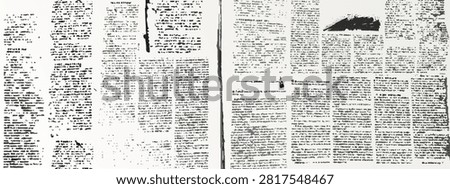 Old newspaper collage background with illegible text and vintage newsprint texture. Grunge paper pattern with retro magazine clippings, abstract typography and aged print design for creative media.