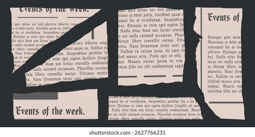 Old newspaper collage set. Elements for scrapbook. Trendy retro vintage paper cut, notebook sheet, rip torn collection. Craft retro gazettes, grunge sticker collection. Isolated Vector illustration.