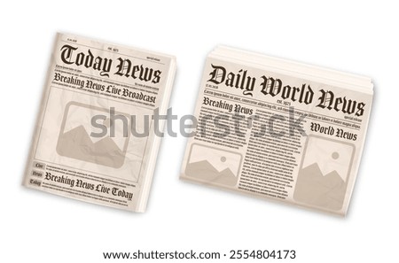 Old newspaper layout. Vertical and horizontal mockup of newspapers isolated on white background. Vector illustration.