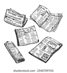 jornal velho set desenhado à mão. impressão retro, periódico antigo, reportagem manchete velho jornal vetor esboço. ilustração preta isolada