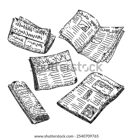 old newspaper set hand drawn. retro print, antique periodical, headline reportage old newspaper vector sketch. isolated black illustration
